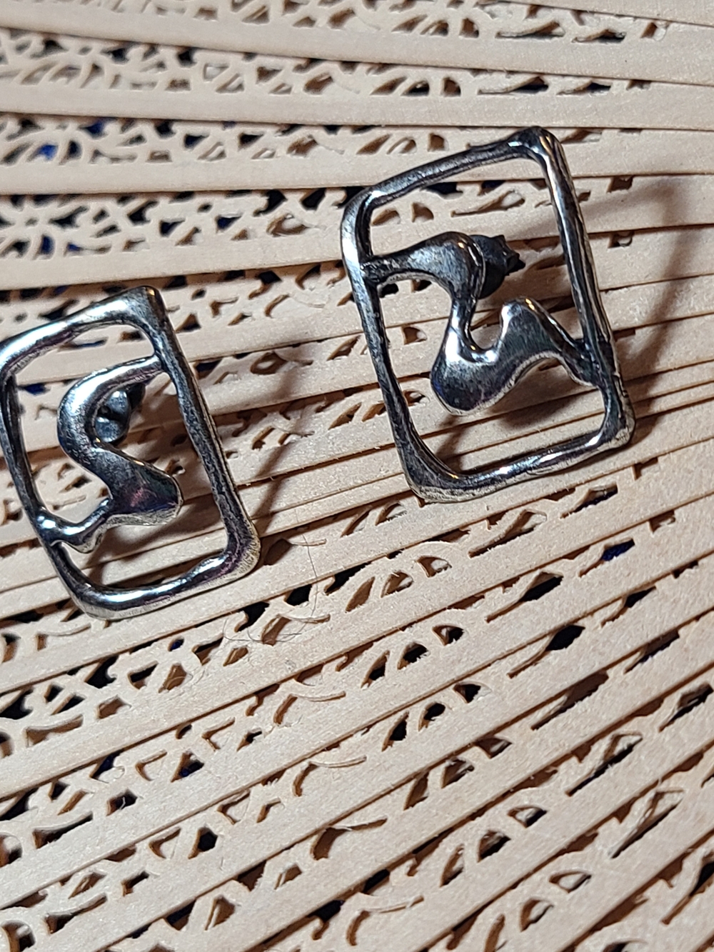 Antique Silver Abstract Square Stud Earrings